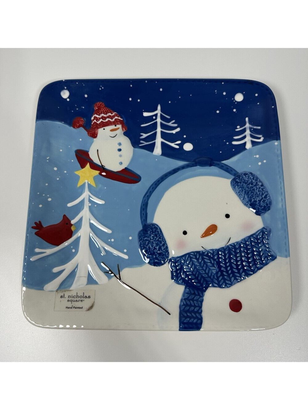 St. Nicholas Square Let It Snow Snowman Square Ceramic Dinner Plate Blue/Red